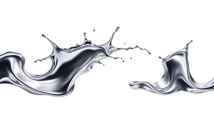 Abstract waves and splashes of liquid dark silver metal with realistic reflections. Smooth, curved shapes create a fluid and elegant effect. isolated