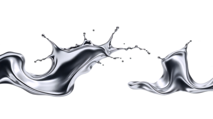 Abstract waves and splashes of liquid dark silver metal with realistic reflections. Smooth, curved shapes create a fluid and elegant effect. isolated