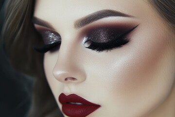 Dramatic smoky eye with red lips creates a stunning beauty look for an evening event. Generative AI