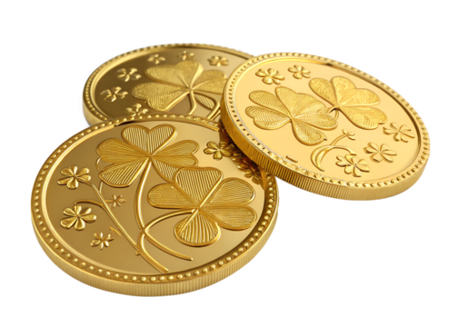 Assorted St. Patrick's Day gold coins with shamrock motifs, elegantly displayed on a transparent background for festive occasions.