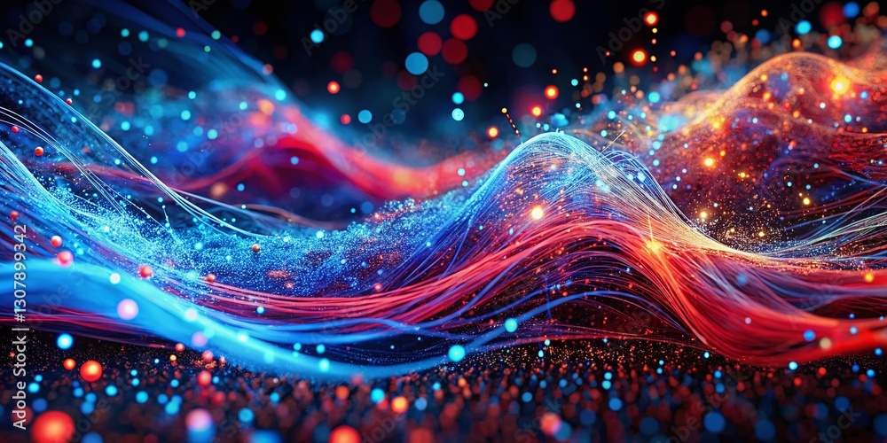 Poster abstract digital data stream: blue and red particle visualization