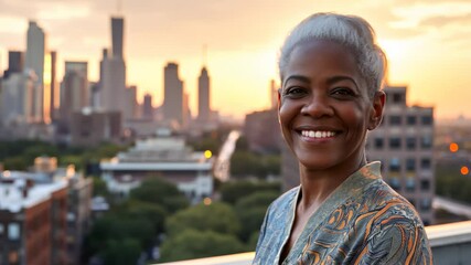 A confident elderly woman with silver hair smiling on a rooftop with a stunning city skyline at sunset. Concept of aging gracefully and urban living.