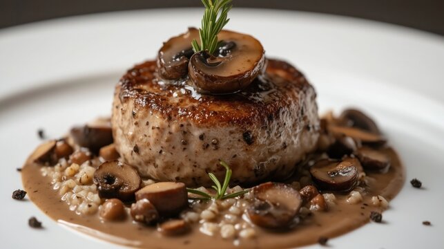 Hacksteak auf Champignons. Deftige K&uuml;che in voller Pracht. Pilze und Hacksteaks treffen auf Gew&uuml;rze