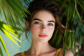 Naklejka premium Young woman with perfect skin and hair posing behind tropical leaves