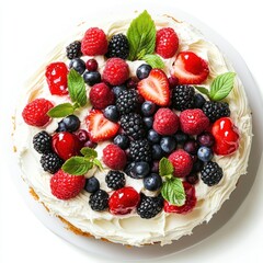 Freshly baked, round cake topped with a variety of colorful berries and whipped cream, garnished with fresh mint leaves.