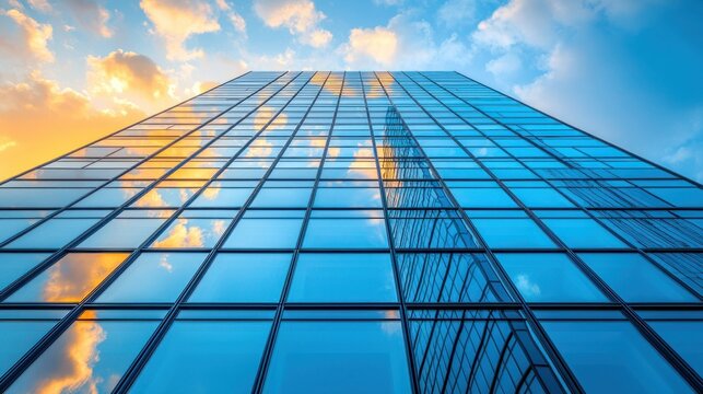Building facade reflects clouds and sunset, reaching the blue sky above
