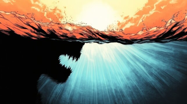 A shadowy underwater creature lurks beneath a vibrant, sun-drenched ocean surface.  A dramatic scene of contrast and mystery.