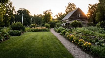 Fototapeta premium Sustainable farm stay with organic vegetable gardens, wind turbines, and a rustic farmhouse.