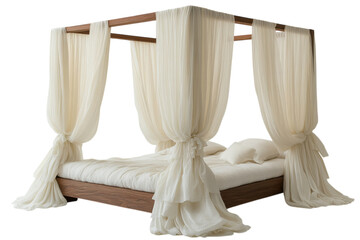 Elegant bamboo canopy bed with soft white drapes and plush bedding in a serene bedroom environment
