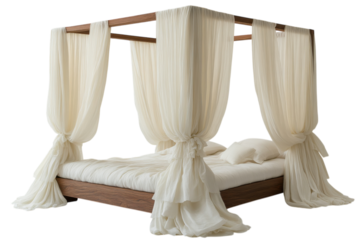 Elegant bamboo canopy bed with soft white drapes and plush bedding in a serene bedroom environment