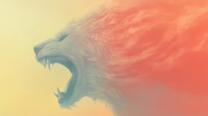 Naklejka premium Fierce roar of a majestic lion, captured in a vibrant blend of teal and coral hues. A powerful symbol of nature's untamed beauty.