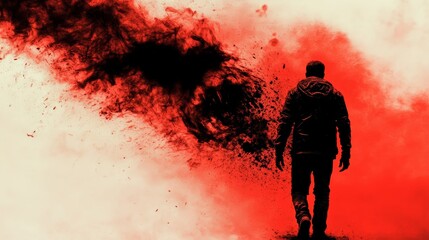 Silhouette of a man walking away from a red and black explosion.  Dramatic, intense imagery.