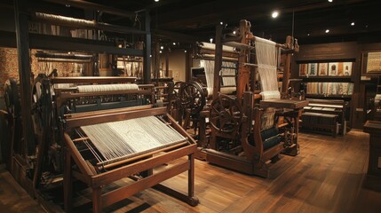 Traditional textile museum showcasing weaving looms and antique fabrics.