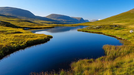 Fototapeta premium A pristine blue sky over vibrant green meadows and shimmering water