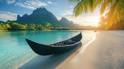 Traditional Polynesian canoe resting on a pristine beach at sunrise.