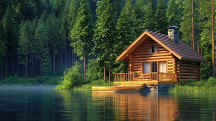 Tranquil lakeside cabin surrounded by pine trees, ideal for nature tourism retreats.