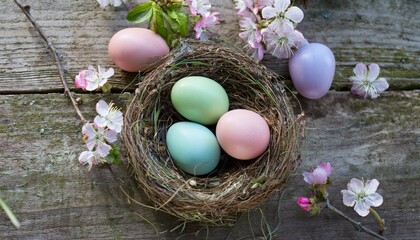 easter eggs in a nest with flowers and more eggs around the nest