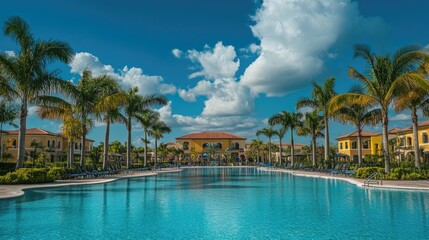 Tropical resort with palm trees, swimming pool, and bright blue skies.