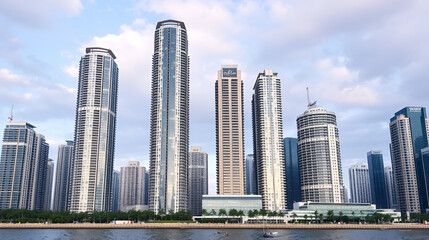 Tall skyscrapers of the residential and office complex by the sea