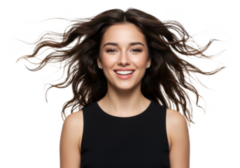 A beautiful young woman with long voluminous dark brown hair flowing freely isolated on transparent background