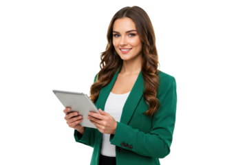 A confident young businesswoman with long wavy brown hair wearing a well fitted green blazer isolated on transparent background