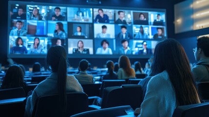 International students attend a hybrid university lecture with remote participants on screen