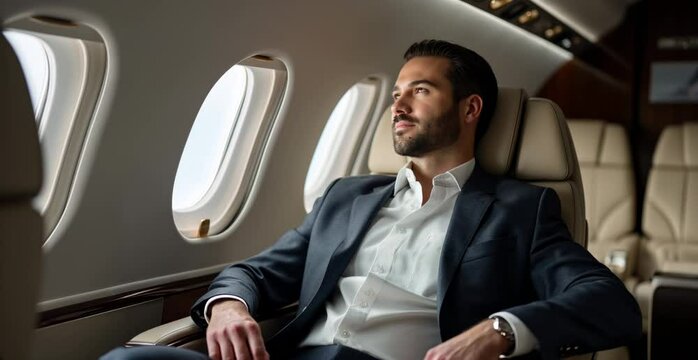 A confident businessman in a suit relaxing with eyes closed in a private jet. Concept of luxury travel, success, and business lifestyle.

