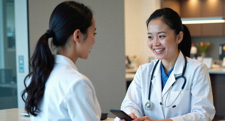 Fototapeta premium Candid Asian Female Doctor at Hospital Reception Desk, Discussing Test Results with Patient