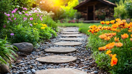 Colorful garden filled with various flowers and natural rocks creating a beautiful landscape of serenity and beauty