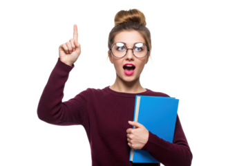 A young woman holds a blue folder in her left hand and her right index finger is raised isolated on transparent background