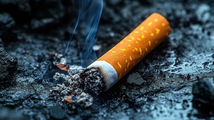 Burning cigarette butt sits smoldering in ashes, creating smoke on dark backdrop