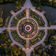 Stunning circular garden featuring a beautiful fountain surrounded by vibrant flowers and lush green foliage
