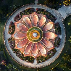 Unique flower shaped structure in a lush park setting surrounded by greenery and colorful seasonal blooms