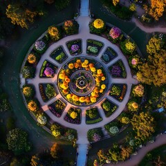 Beautiful circular garden adorned with a variety of colorful flowers creating a peaceful and inviting atmosphere