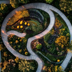Circular garden pathway leading through a beautifully designed floral space creating a tranquil outdoor environment