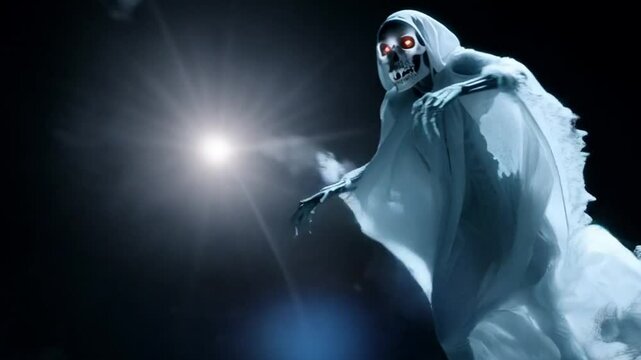 A ghostly, evil skull figure draped in a flowing white shroud hovers ominously against a dark background. Halloween Day dark devil theme