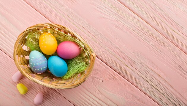 easter eggs in a basket filled with grass on pink wooden background