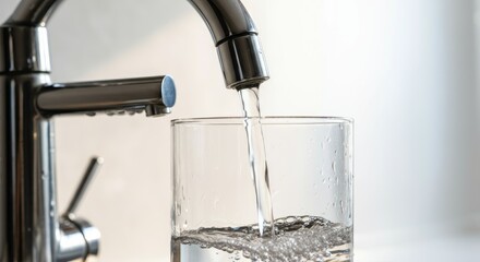 Water pouring from faucet into glass, highlighting refreshment