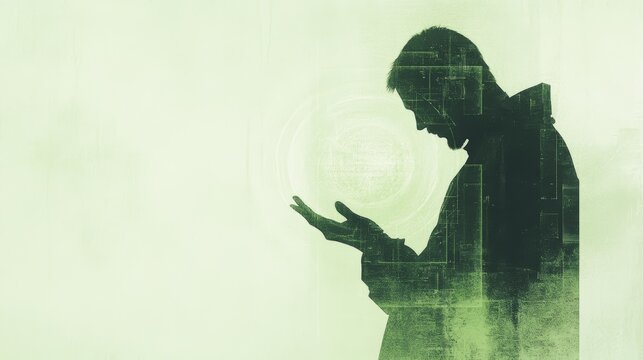 Silhouette of a man praying, depicted in shades of green, conveying serenity and contemplation.