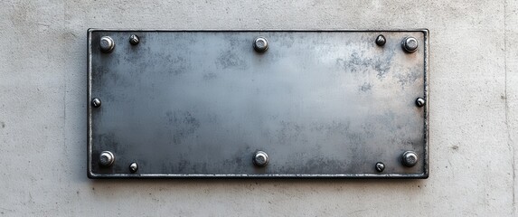 Blank Metal Sign on Concrete Wall with Rivets and Texture, Ideal for Customization or Decoration in Industrial Style Spaces