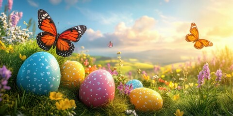 Colorful Easter eggs nestled in a vibrant field with fluttering butterflies during a sunny spring afternoon