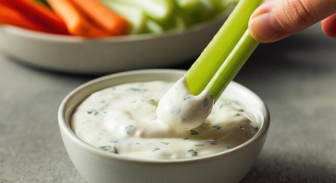 Hand dipping celery stick in ranch dip, with bowl of carrots and background