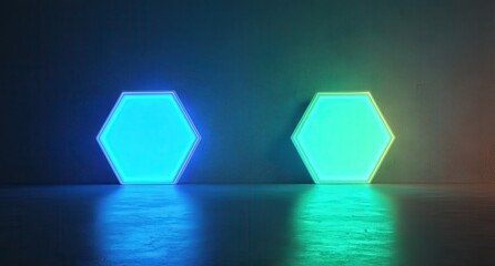 Bright Neon Hexagon Shape Lights in Dark Room, Captivating Glow and Modern Design Creating Artistic Atmosphere and Contemporary Vibe