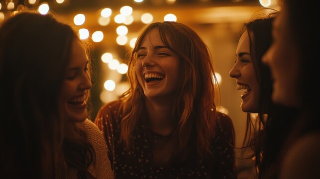 A group of friends laughing together with warm bokeh lights in the background creates a shared moment of joy and connection