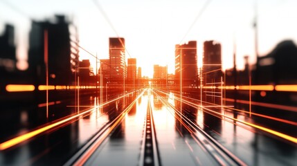 Fototapeta premium Futuristic city streetscape at sunset. Orange and black color scheme. Digital lines illuminate the way.