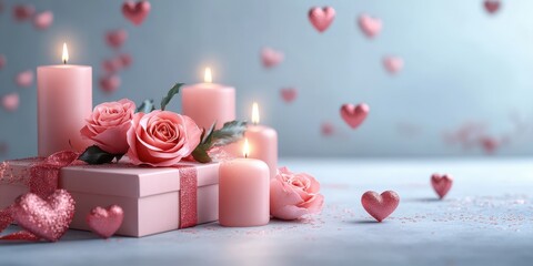 Romantic evening setup with candles, roses, and gift box creating a warm and loving atmosphere