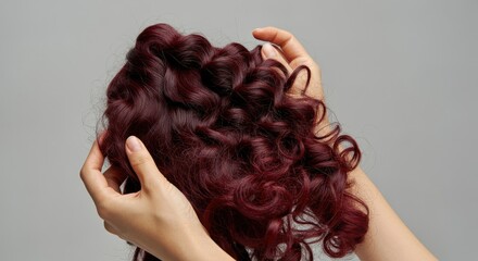 Naklejka premium Close-up of hands holding wavy, red curly hairpiece with gray background