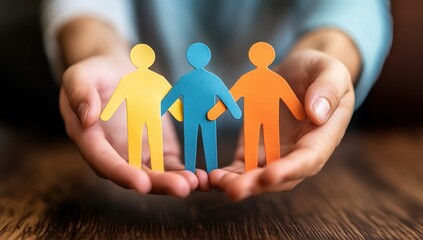 Hands Gently Holding Colorful Paper Person Cutouts