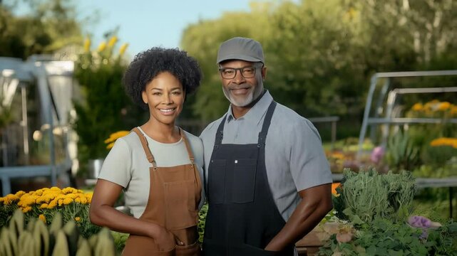 African American couple in garden center; small business owners Gardening agriculture sustainability - Powered by Adobe