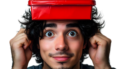 Man Holds Head, Red Box on Head, Isolated on White Background